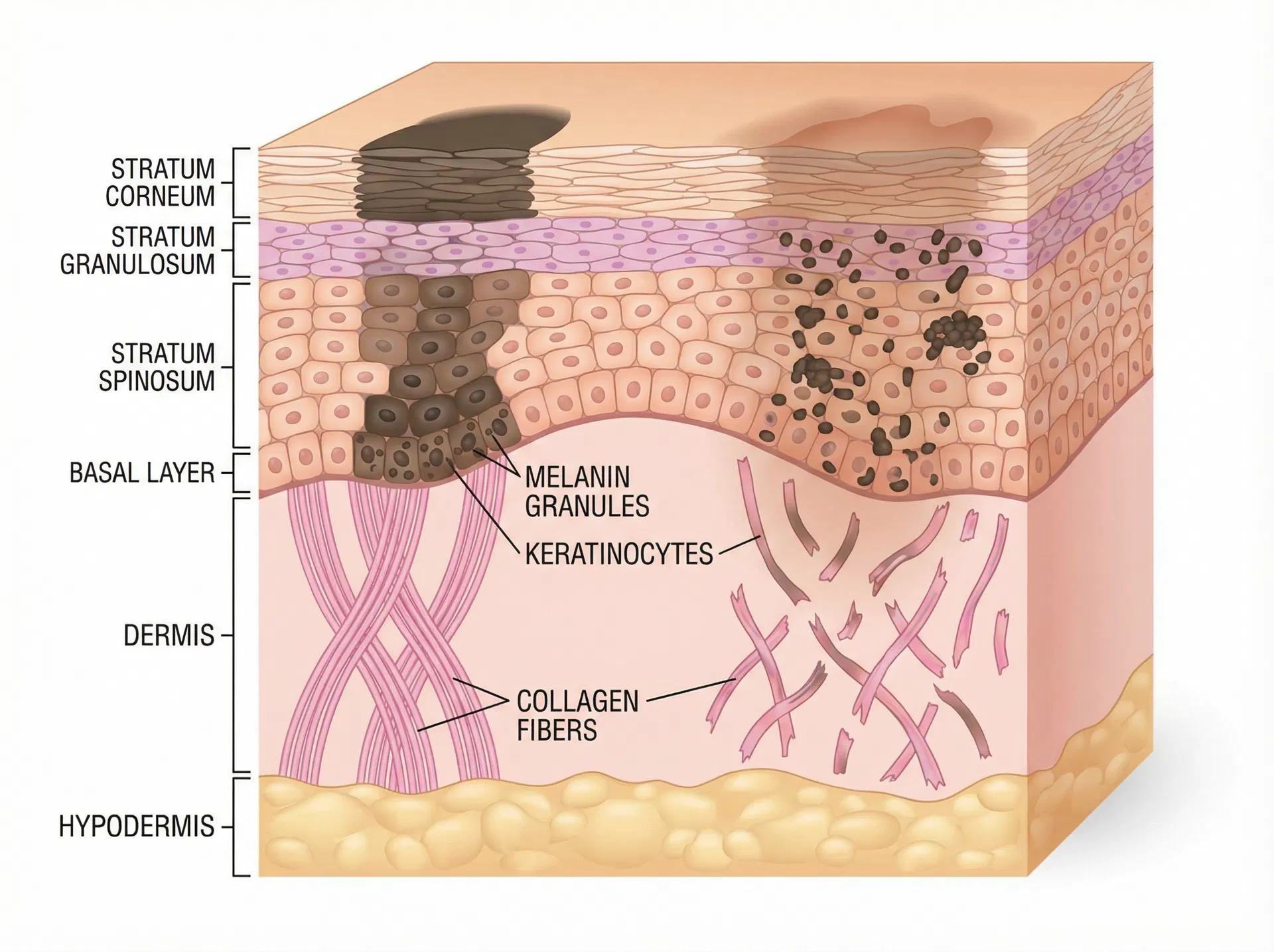 Cross-section of epidermis and dermis showing melanin granules, keratinocytes, collagen fibers, and sun damage