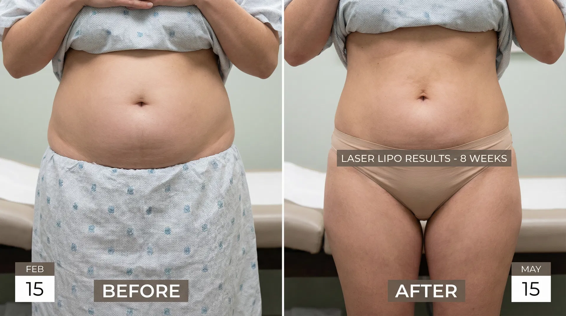 Before and after comparison showing abdominal and thigh body contouring results from laser lipo treatment