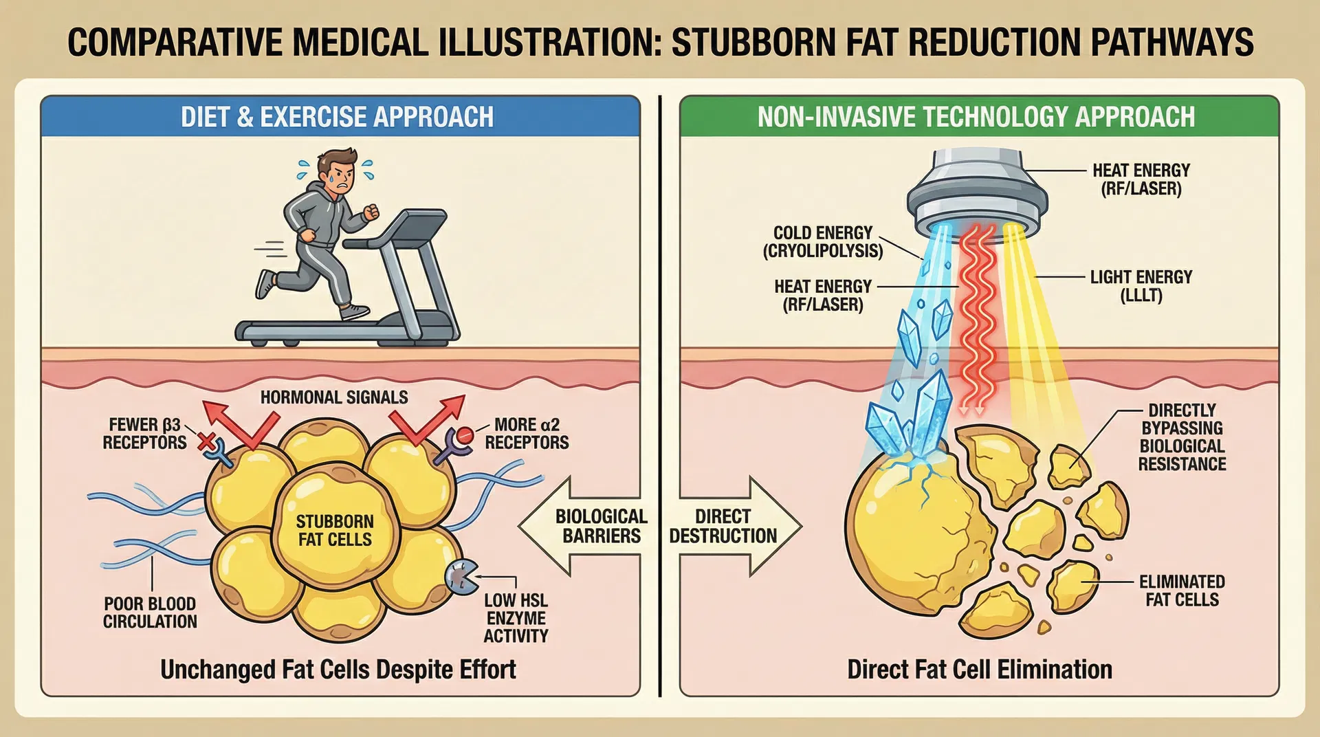 Comparative medical illustration showing why diet and exercise fail on stubborn fat cells due to biological barriers like receptor imbalance, poor circulation, and low enzyme activity, versus non-invasive technology that directly destroys fat cells using cold, heat, or light energy