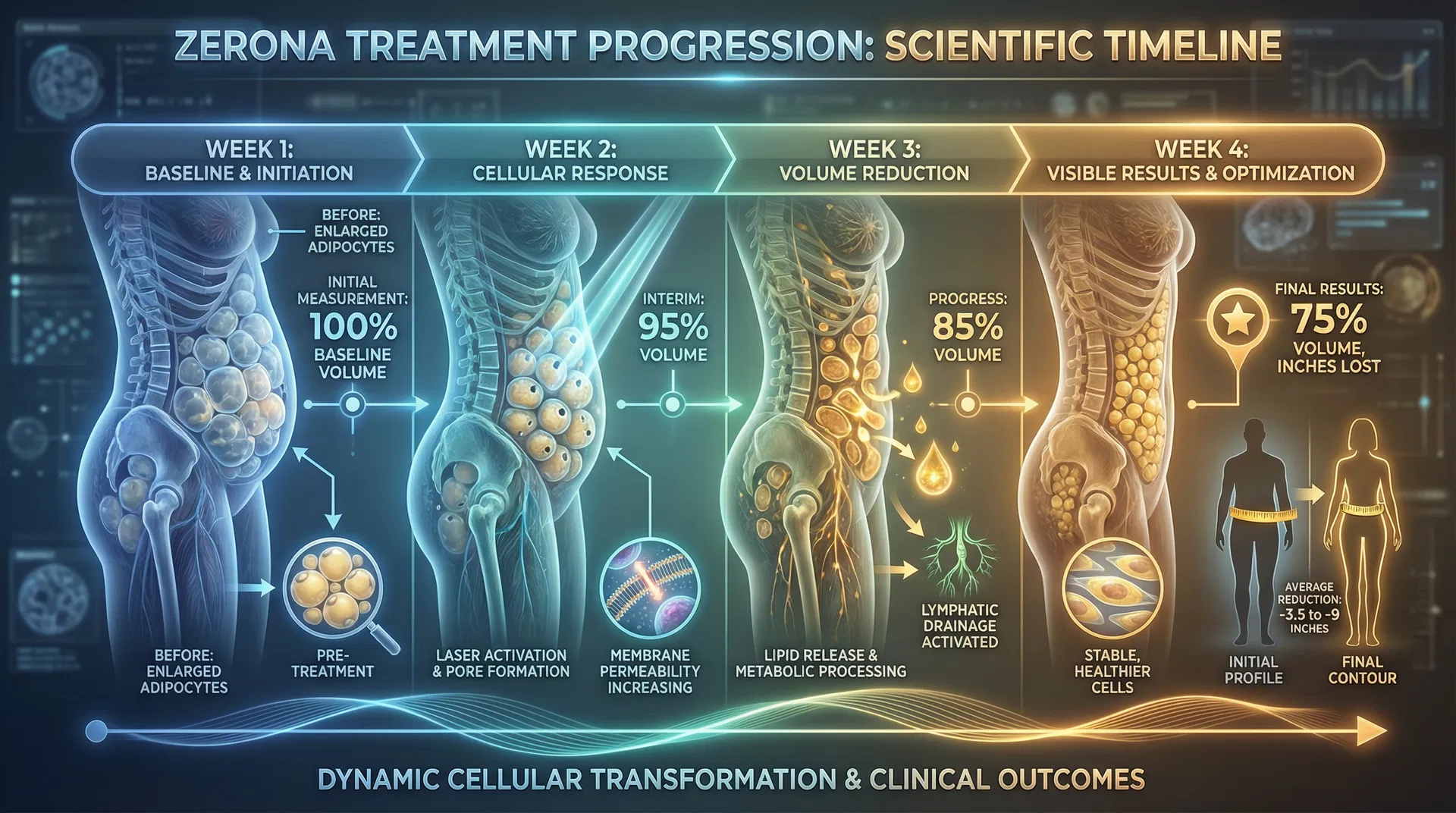 ZERONA TREATMENT PROGRESSION: SCIENTIFIC TIMELINE showing 4-week cellular transformation and clinical outcomes