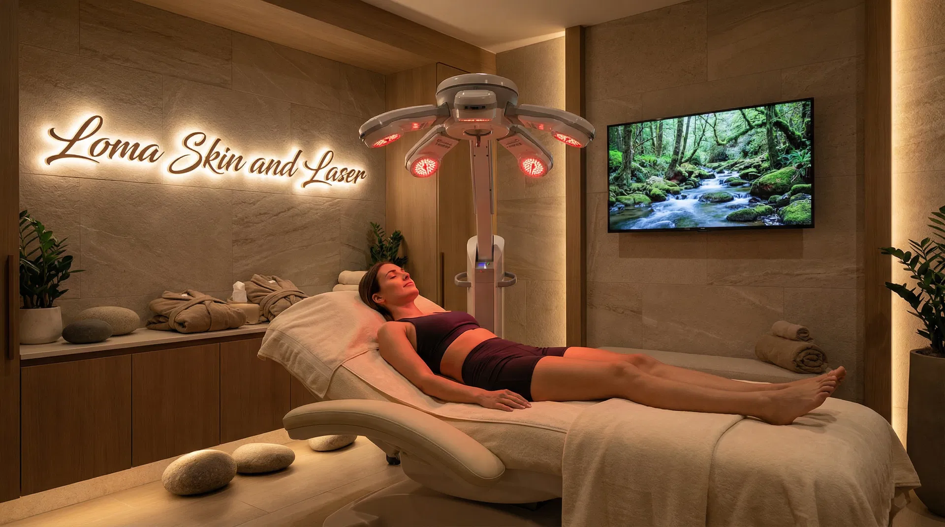 Woman relaxing alone under Zerona cold laser device with five spinning laser heads, wearing sports bra and shorts, in high-end med spa treatment room with dim lighting and nature video on TV