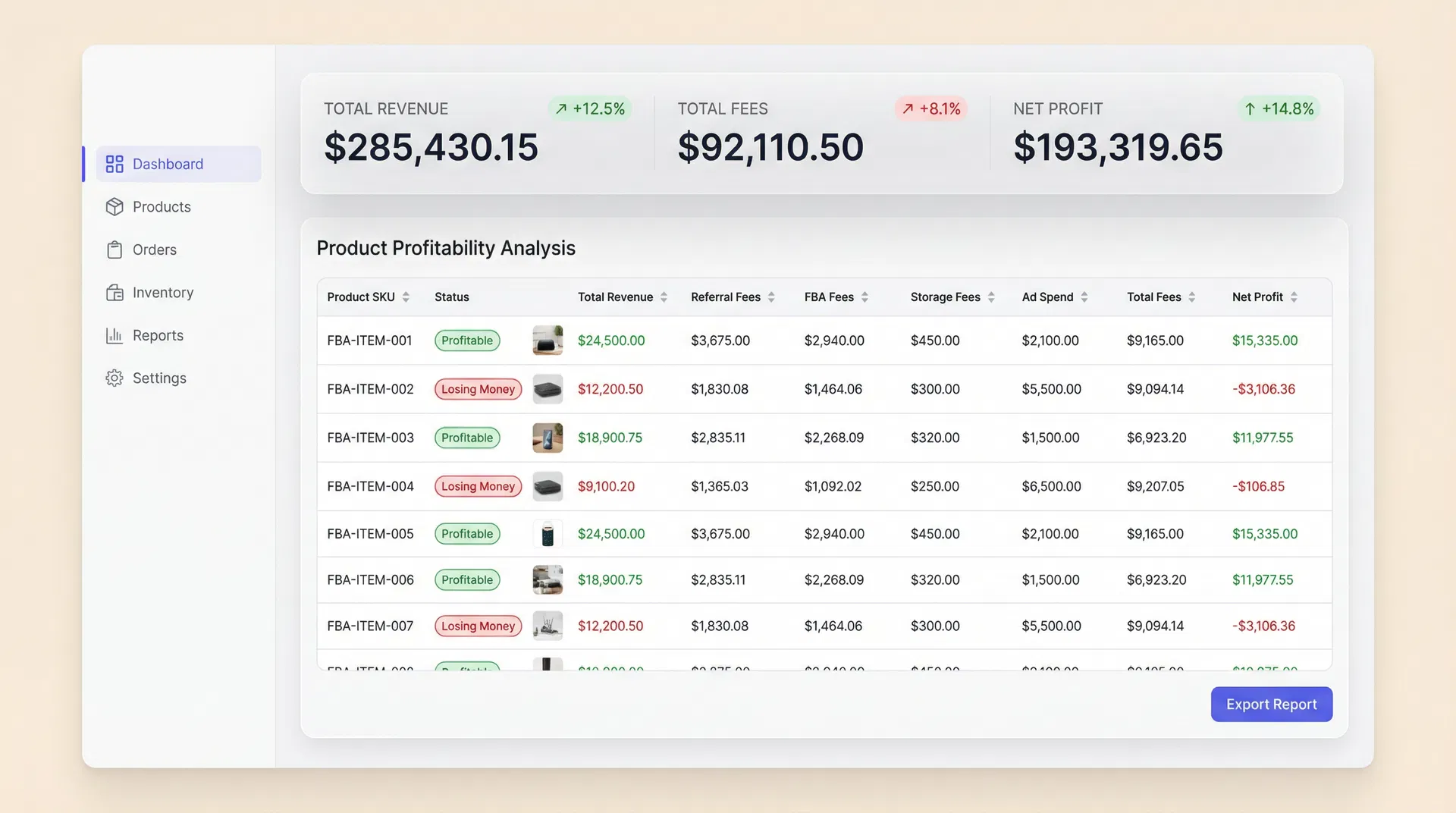 FBA Profit Decoder Dashboard showing per-SKU profit analysis