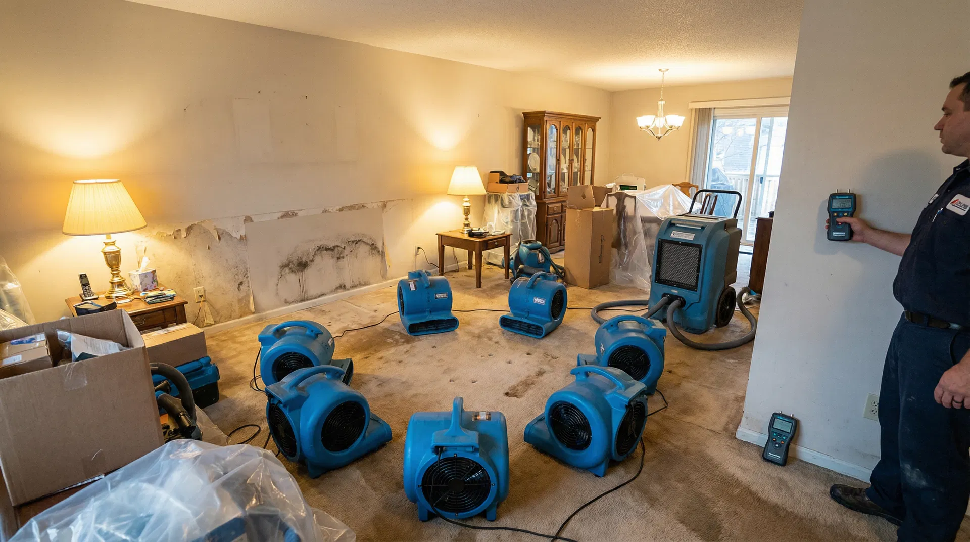 Multiple air movers deployed for structural drying after water damage in Austin TX residential property