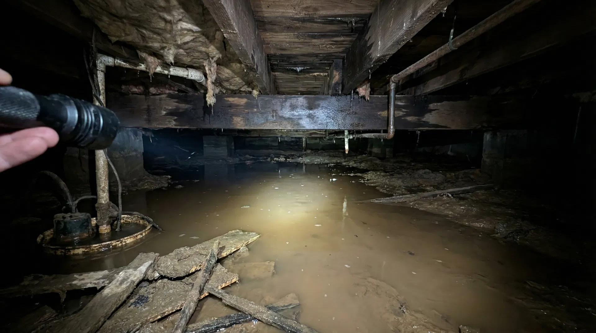 Flooded crawlspace under a Central Texas home with standing water and water-damaged floor joists requiring emergency water extraction