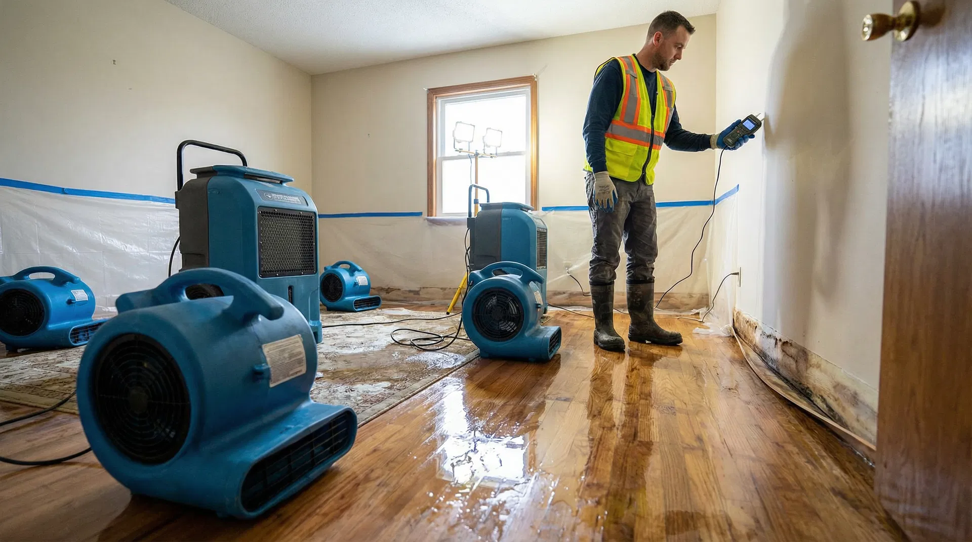Texas Restoration Group technician checking moisture levels with air movers and dehumidifiers deployed on water-damaged hardwood floor