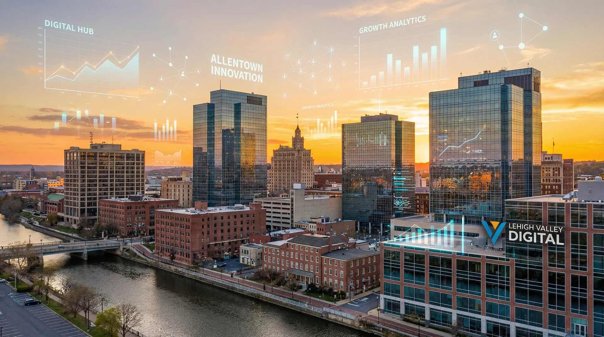 Allentown Lehigh Valley skyline with digital marketing overlay