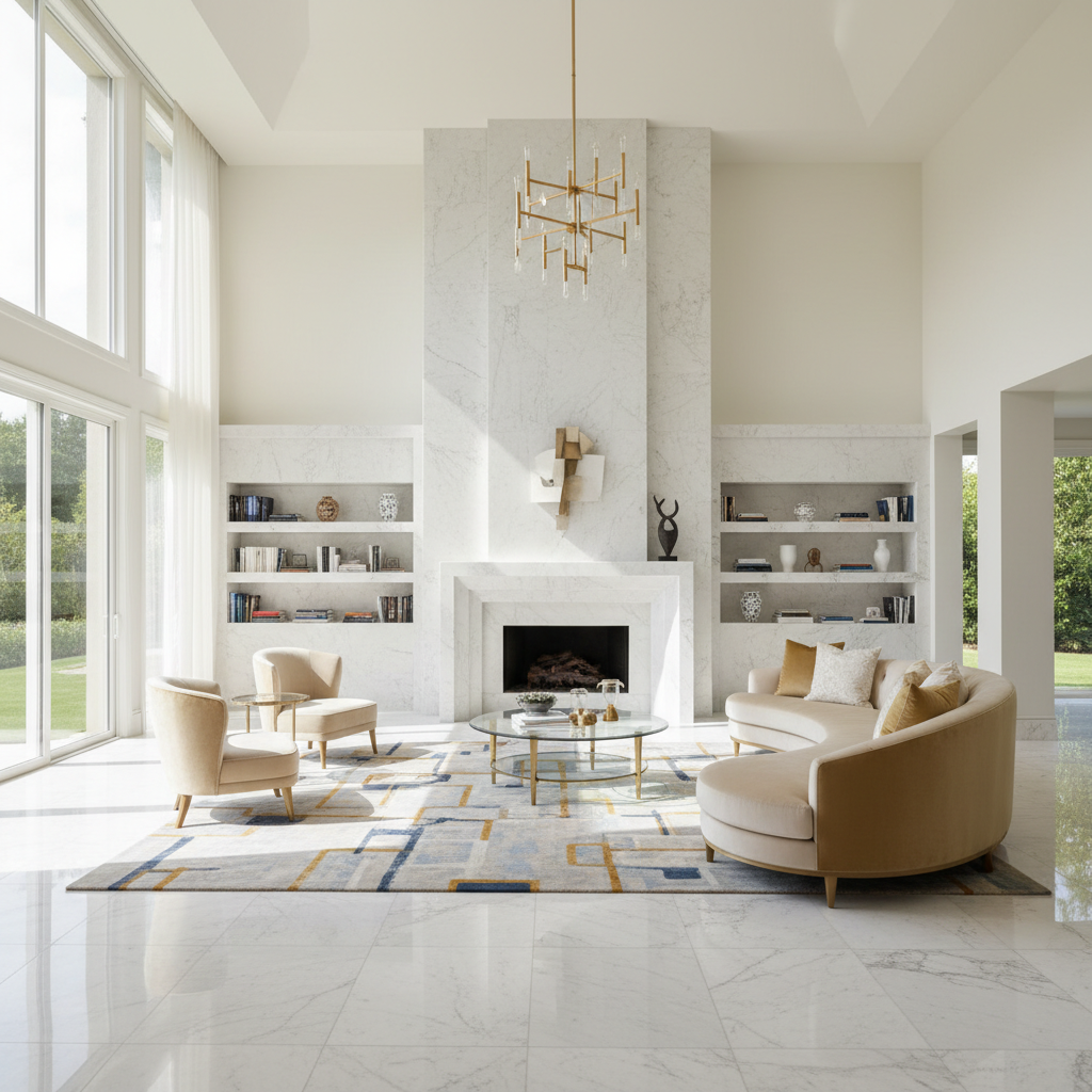 ห้องนั่งเล่นหรูหราตกแต่งด้วยหินอ่อนสีขาว