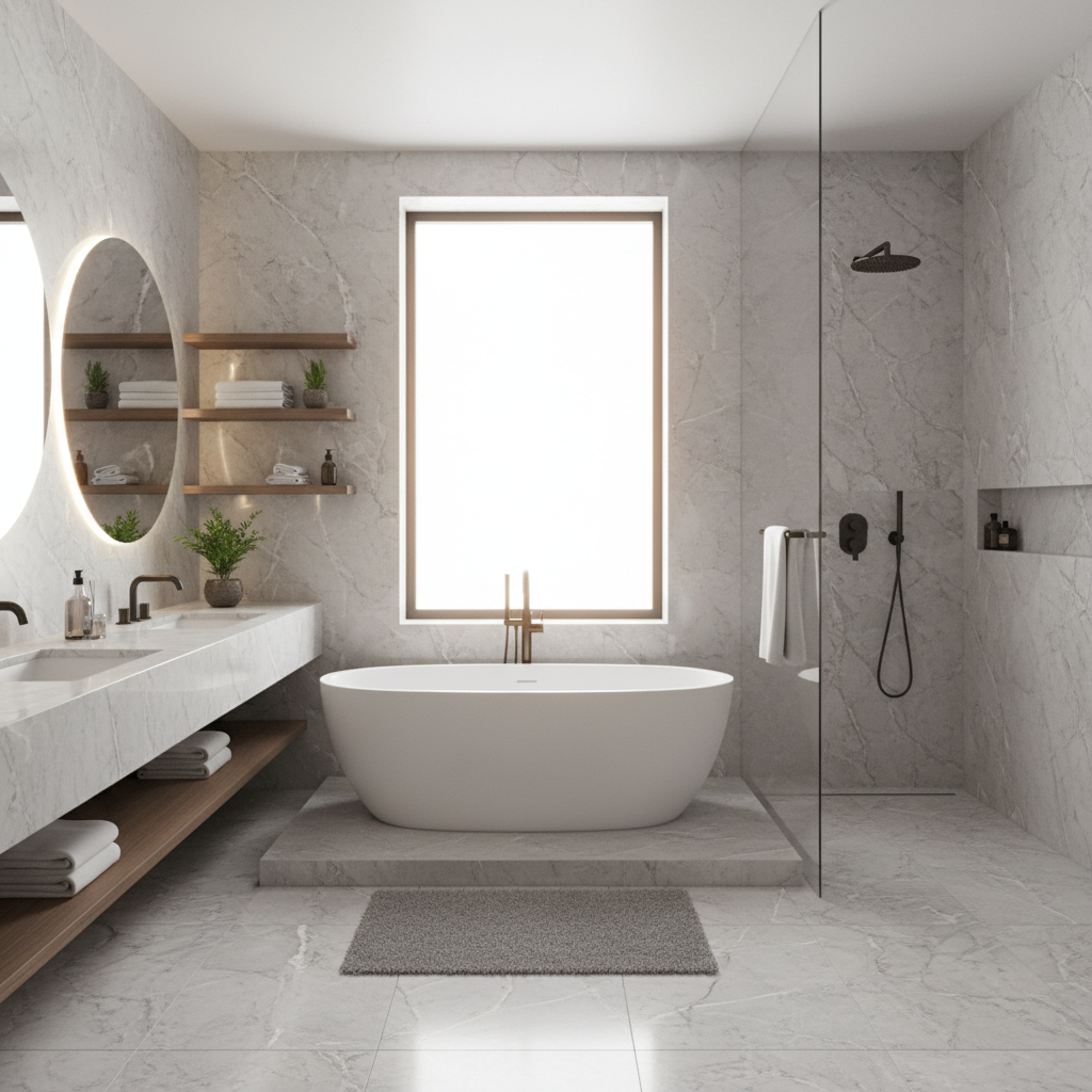 ห้องน้ำหรูหราตกแต่งด้วยหินอ่อนสีเทา