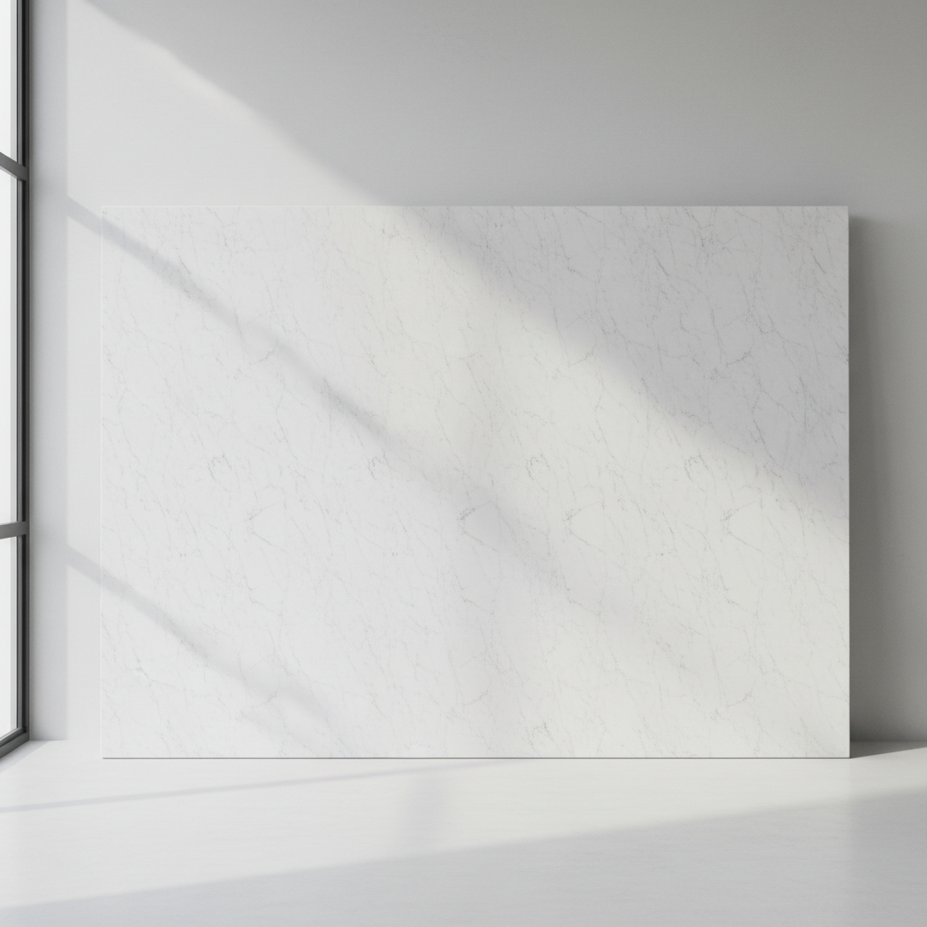แผ่นหินอ่อนเทียมสีขาวที่มีลวดลายกราฟิกสม่ำเสมอ