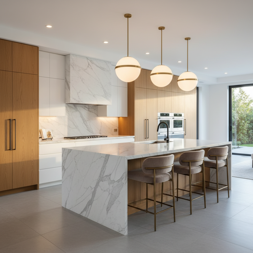 ห้องครัวที่ตกแต่งด้วยเคาน์เตอร์หินอ่อนสีขาวและผนังหินอ่อน