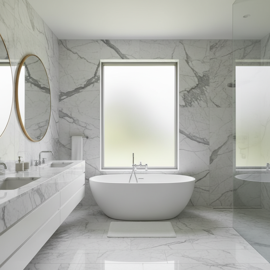 ห้องน้ำหรูหราปูด้วยหินอ่อนลาย Calacatta