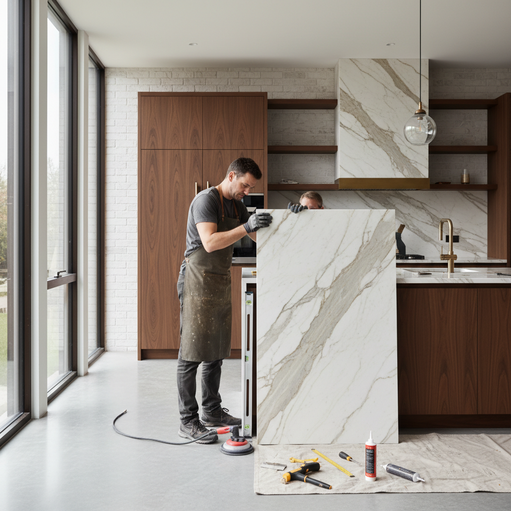 ช่างกำลังติดตั้งแผ่นหินอ่อนขนาดใหญ่ในบ้าน