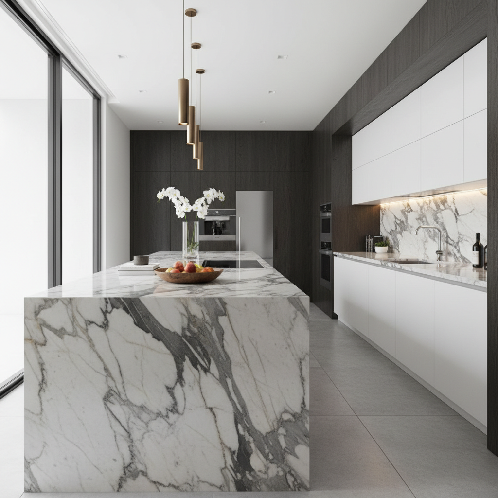ห้องครัวสไตล์โมเดิร์นที่ใช้หินอ่อนแกรนิตโตเป็นท็อปเคาน์เตอร์