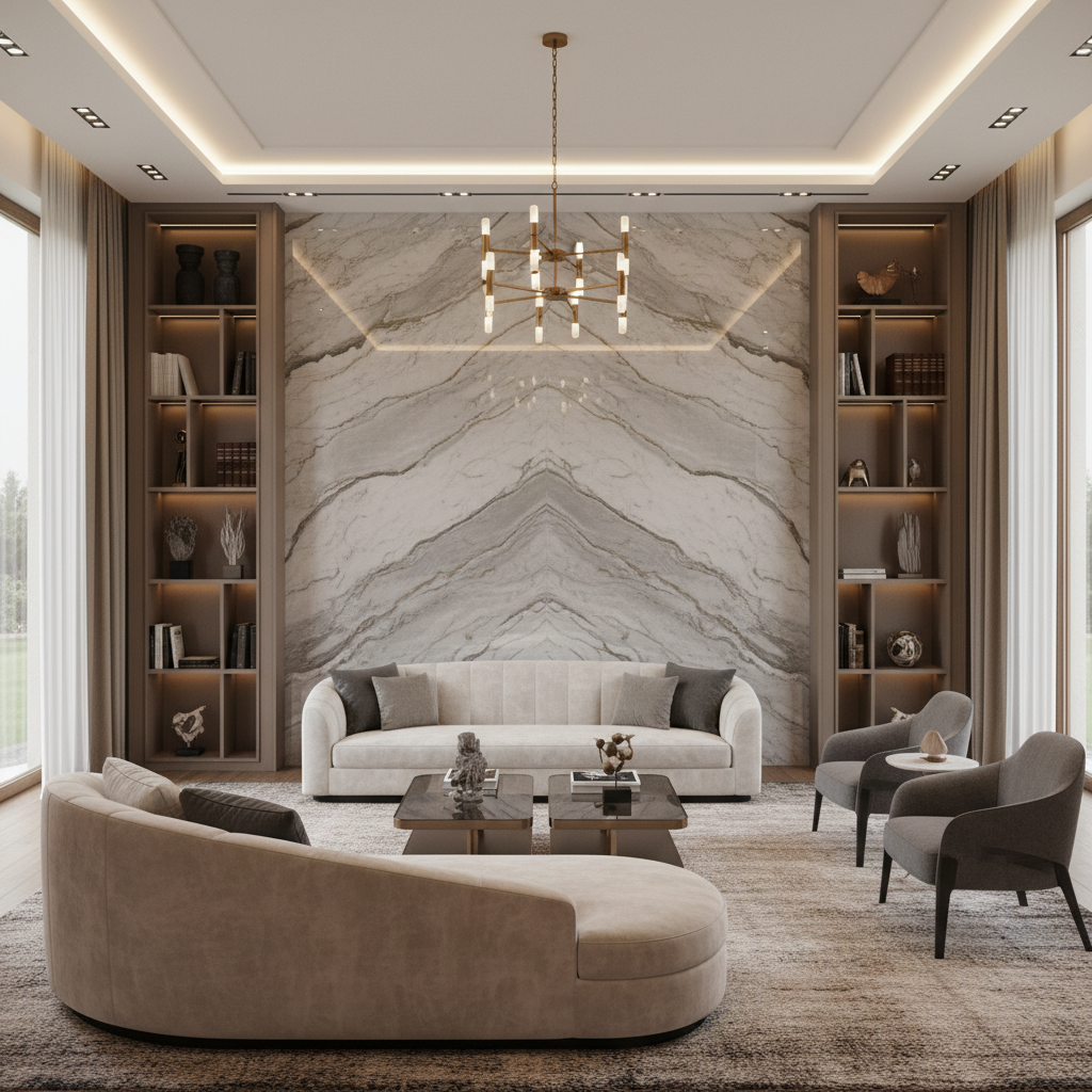 การติดตั้งหินอ่อนแกรนิตโตเป็นผนังตกแต่งในห้องรับแขก