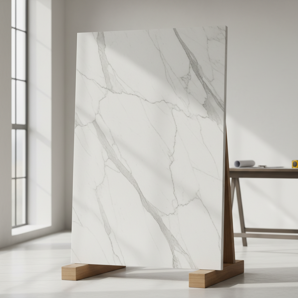 แผ่นหินอ่อนสีขาวขนาดใหญ่ที่มีลวดลายเส้นแร่สีเทาเข้ม