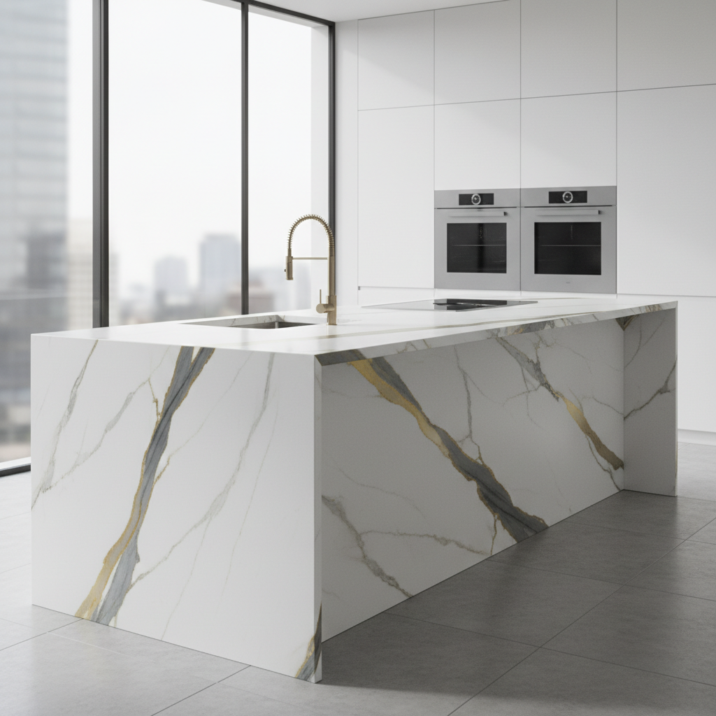 เคาน์เตอร์ครัวขนาดใหญ่ที่ทำจากหินอ่อน Calacatta ที่มีเส้นแร่สีทองโดดเด่น
