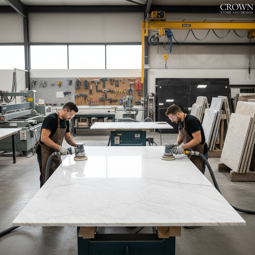 ช่างกำลังขัดเงาแผ่นหินอ่อนสีขาวขนาดใหญ่ในโรงงาน Crown Stone and Design