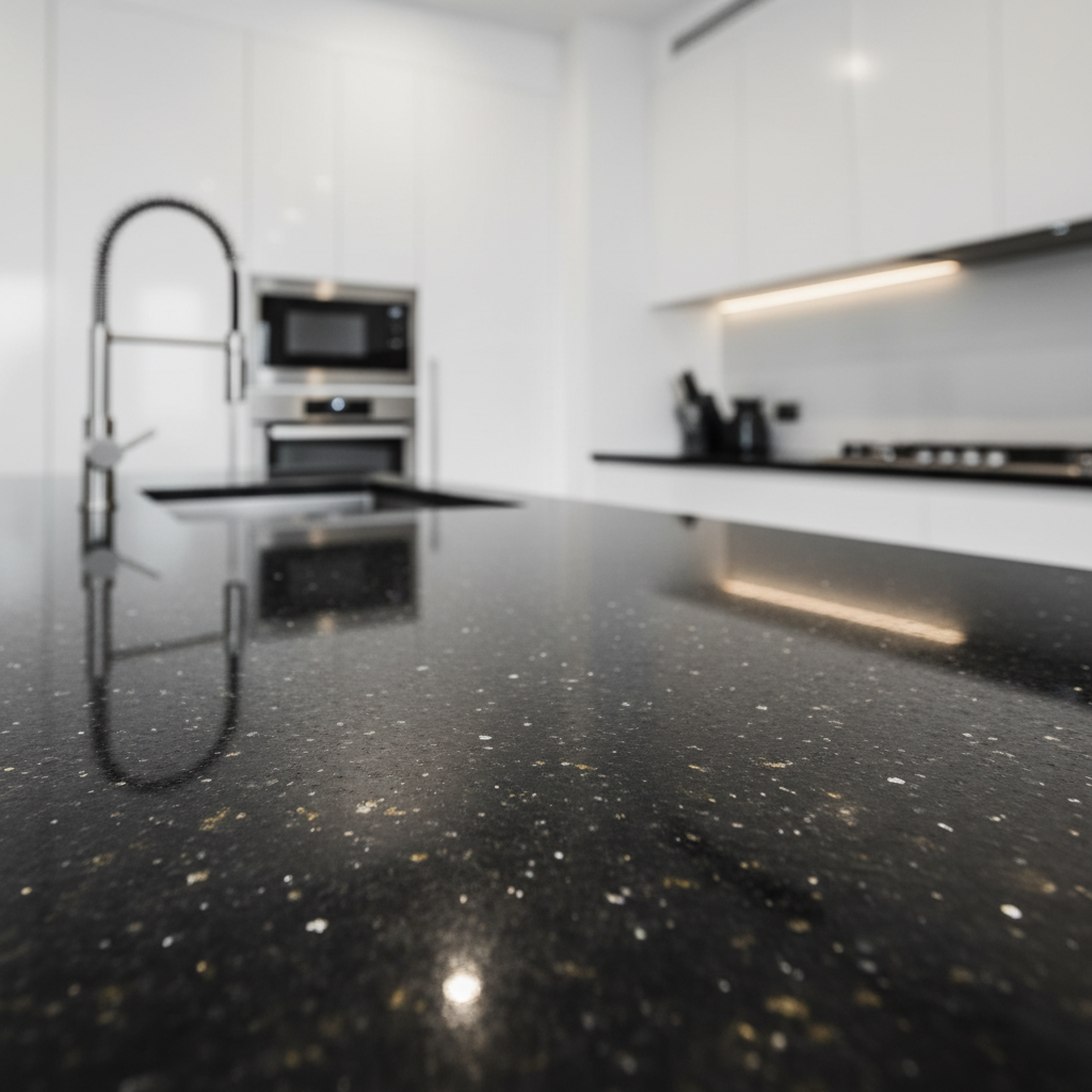 เคาน์เตอร์ครัวหินแกรนิตสีดำเงางามในห้องครัวทันสมัย