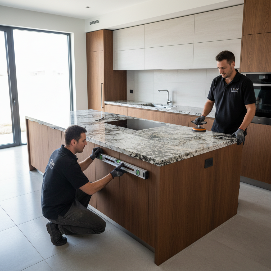 ทีมช่าง Crown Stone and Design กำลังติดตั้งเคาน์เตอร์หินแกรนิต