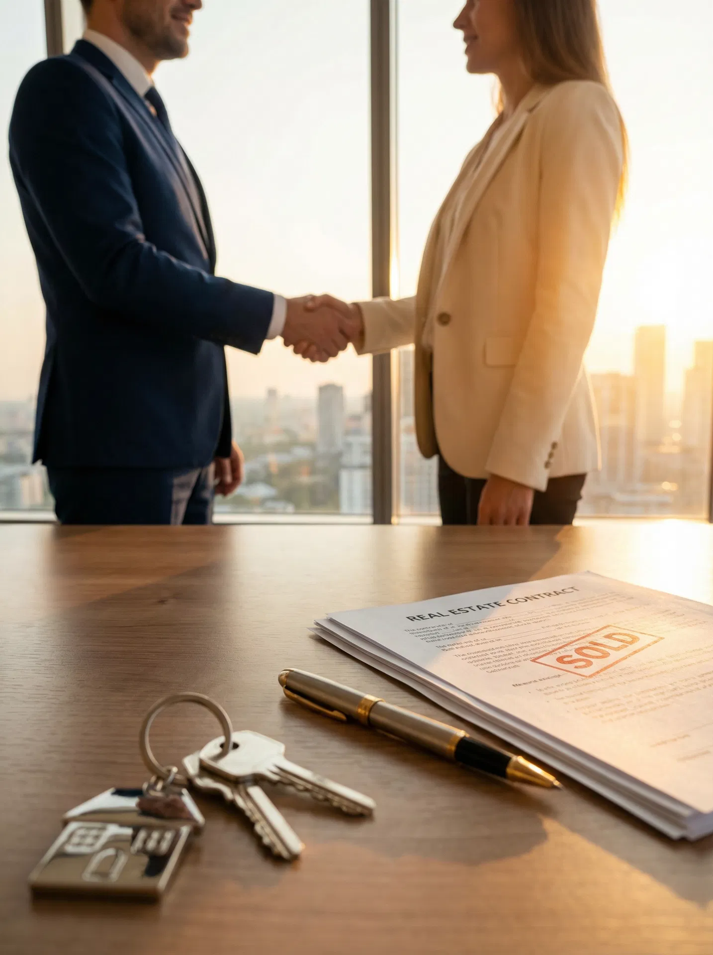 Real estate professionals reviewing closing documents at a conference table during a wholesale double close transaction