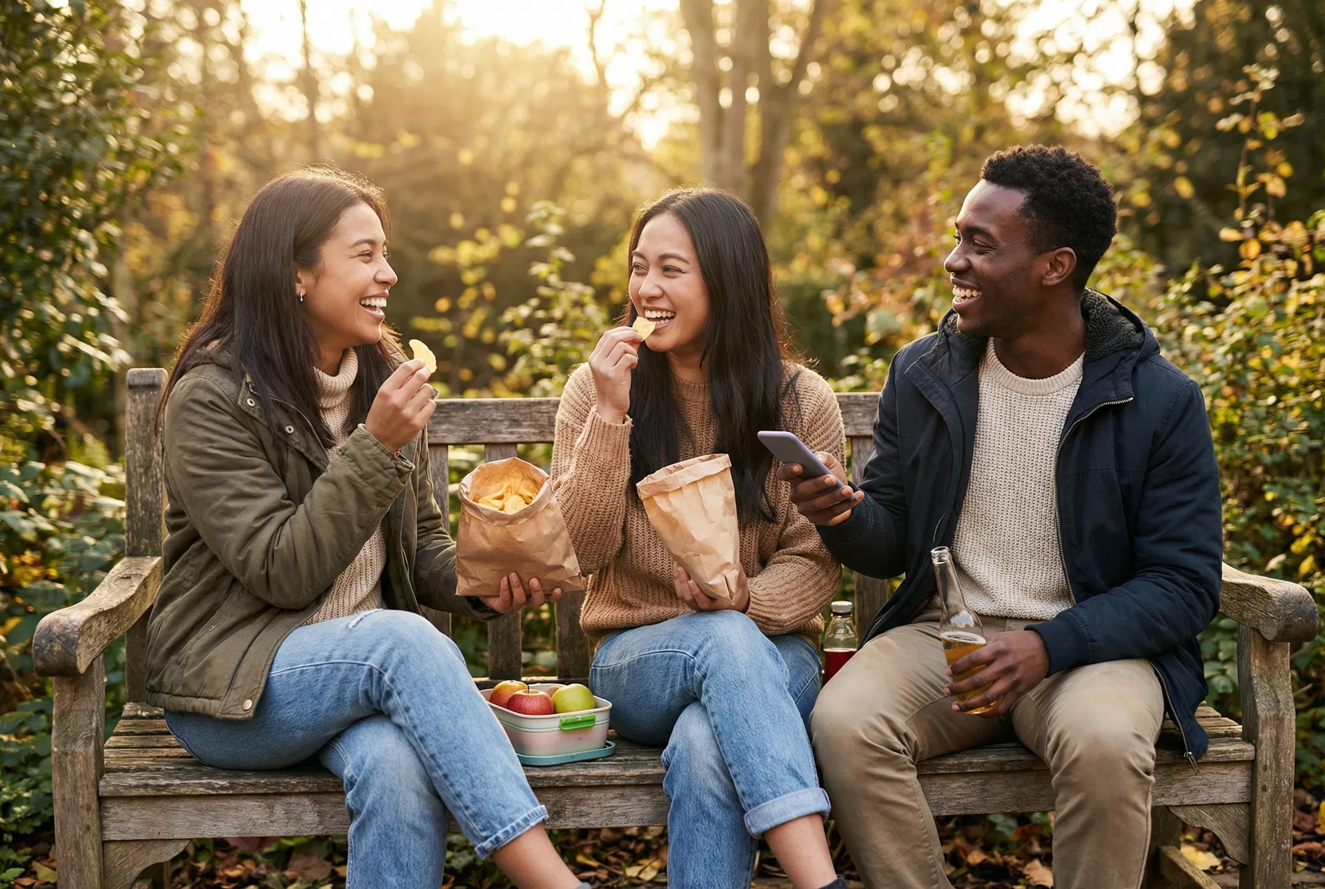 Friends sharing snacks together outdoors on a sunny day