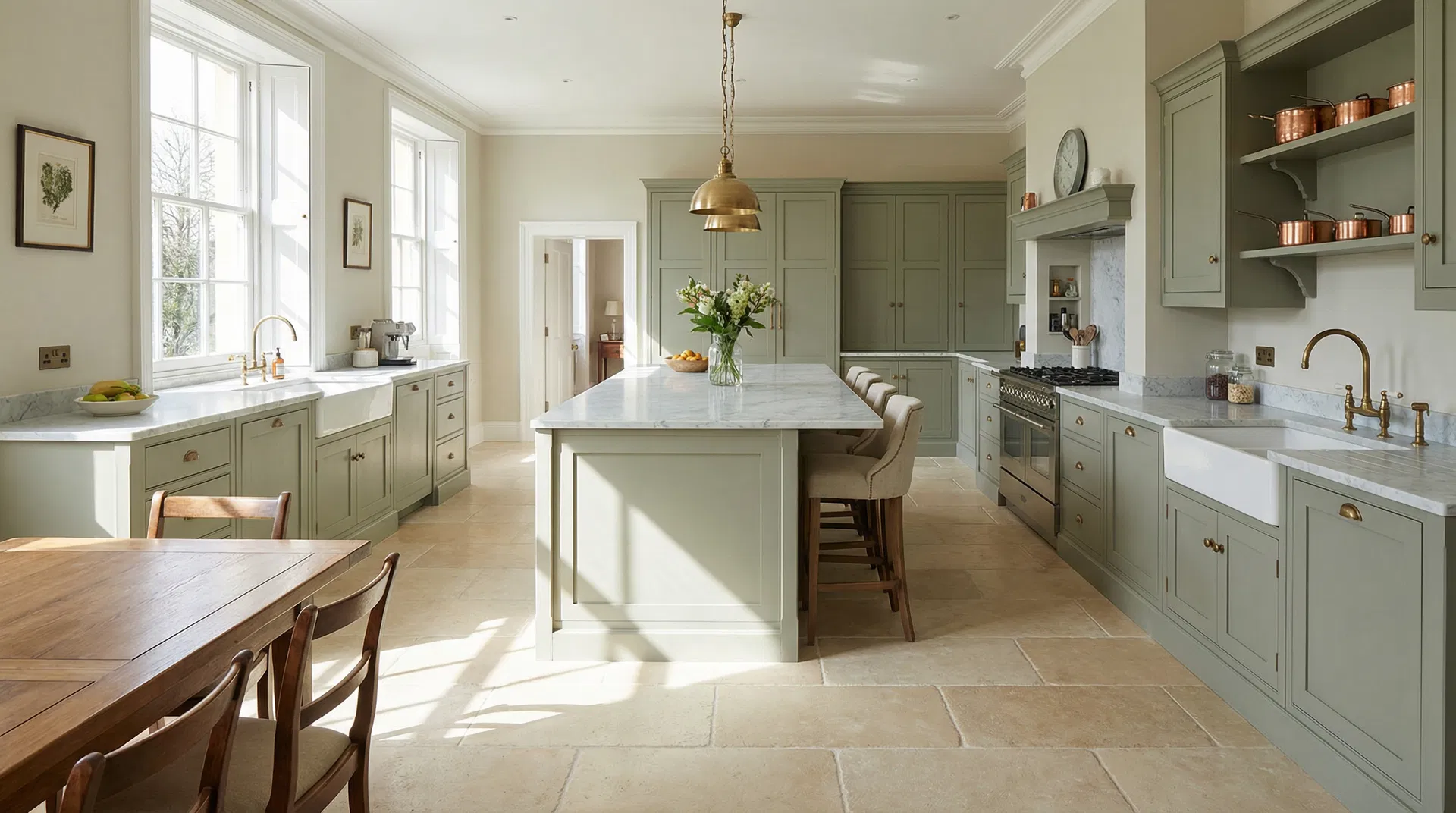 Luxury kitchen with Ca'pietra limestone floor tiles