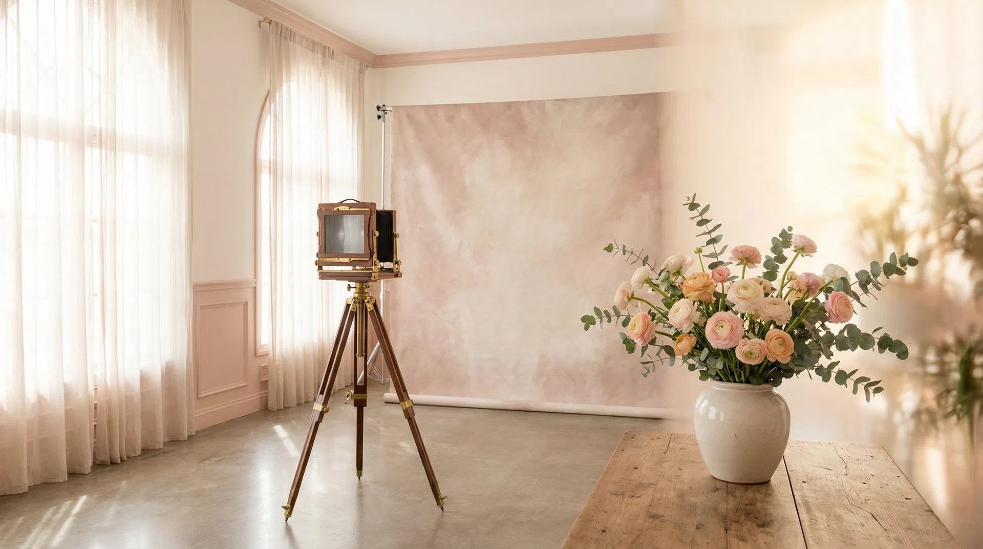 撮影会スタジオ — ヴィンテージカメラとピンクの背景