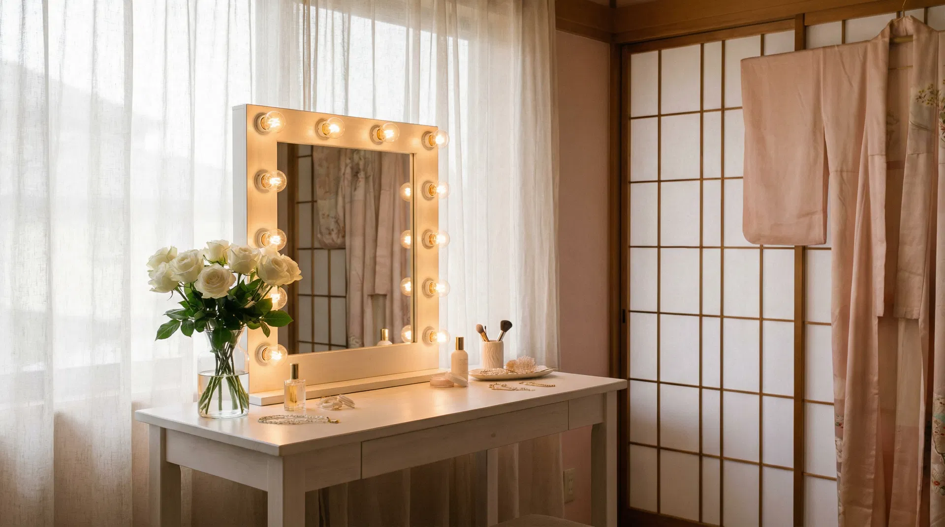 ドレッシングルーム — バニティミラーと白バラ