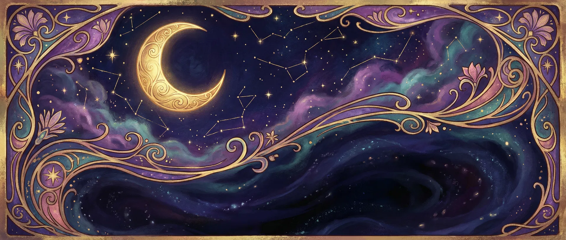 Celestial banner with moon and constellations