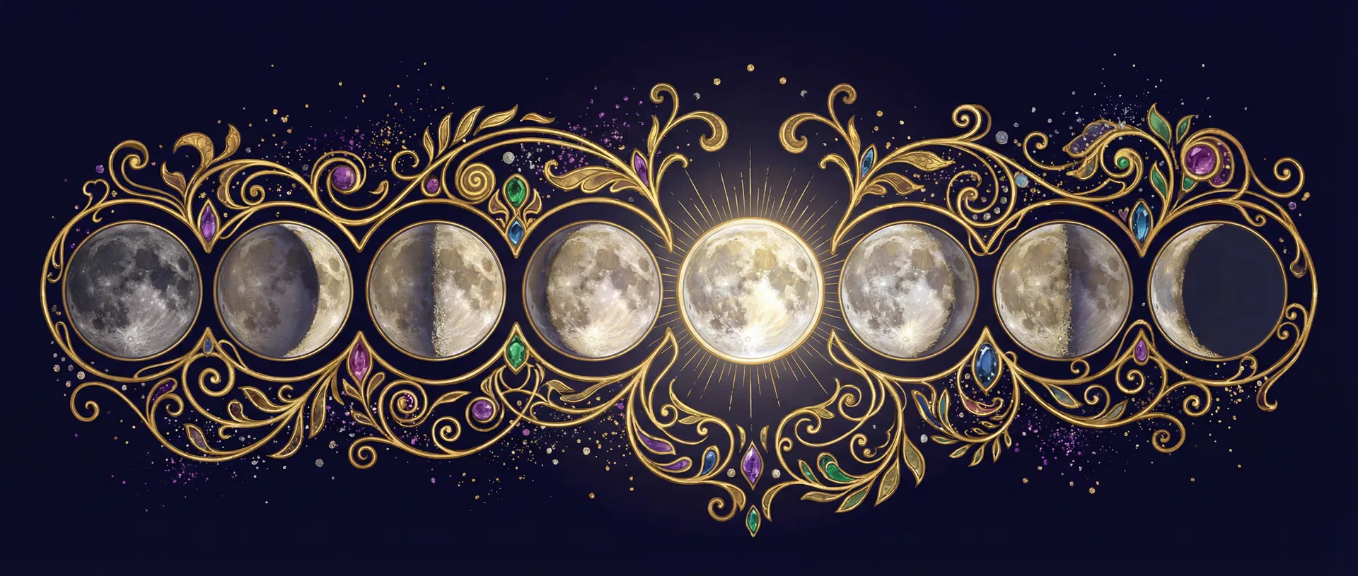 Eight moon phases in Art Nouveau golden frames