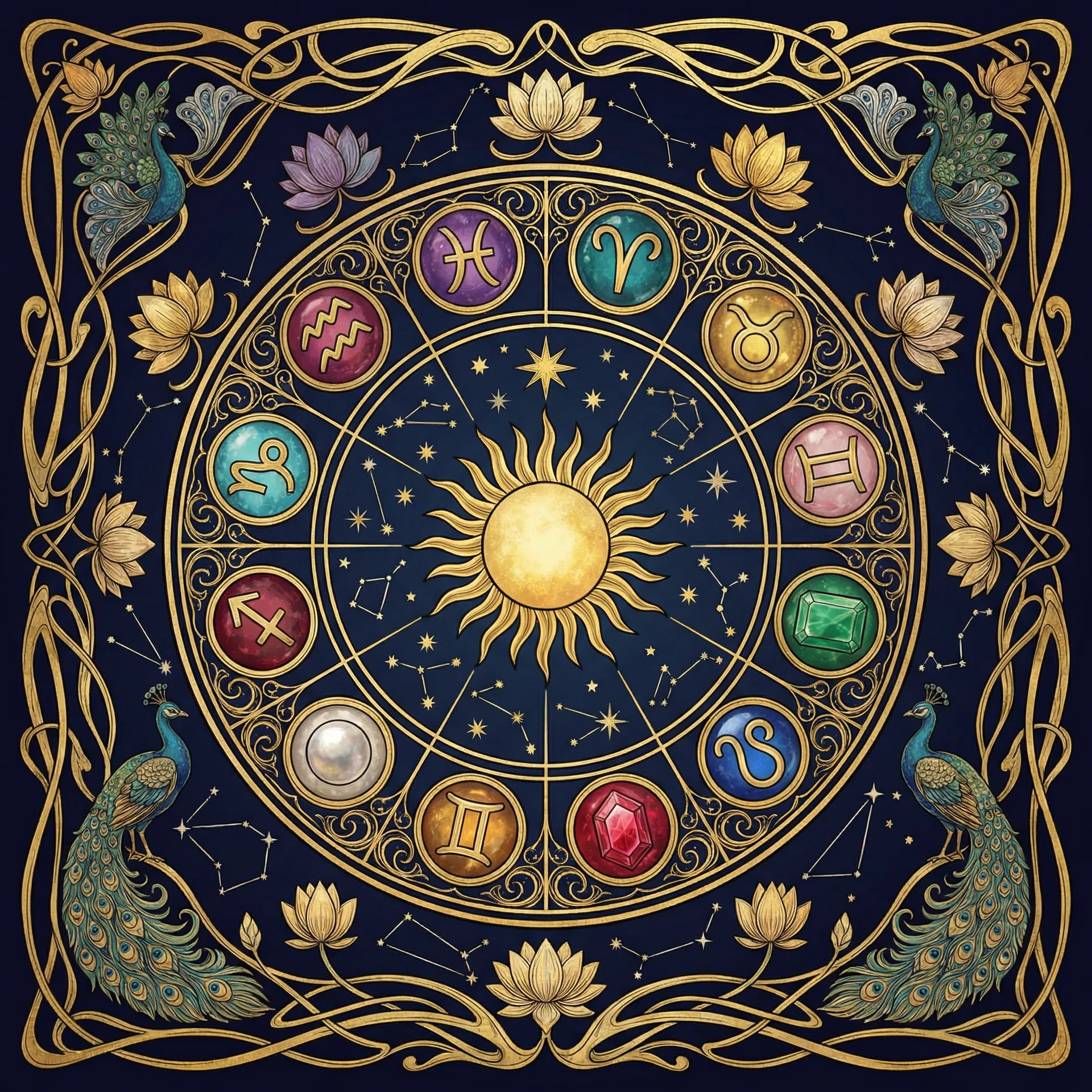 Art Nouveau zodiac wheel with all 12 signs