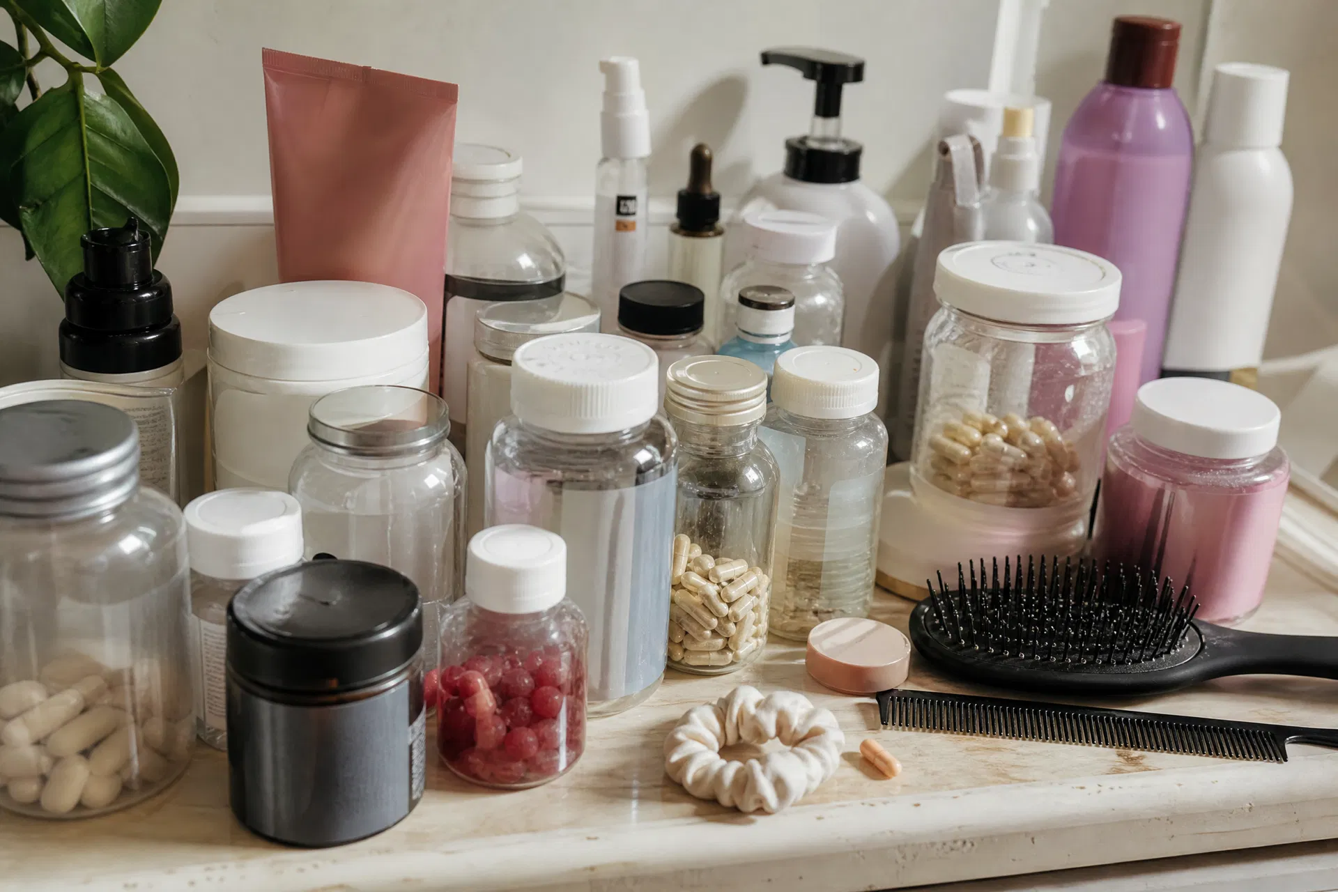 Shelf full of hair supplements that didn't work