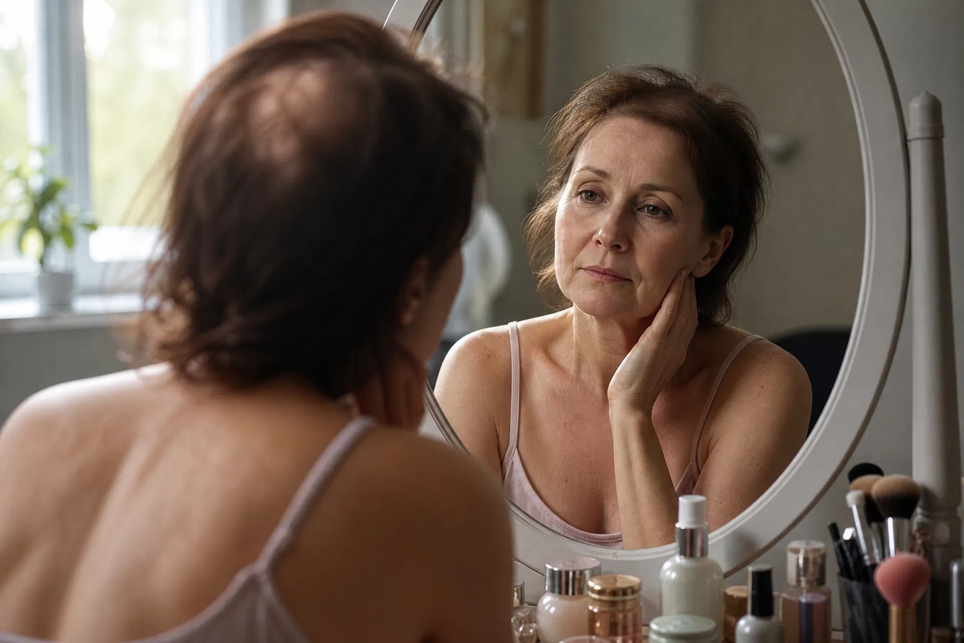Woman looking at herself in the mirror with thinning hair