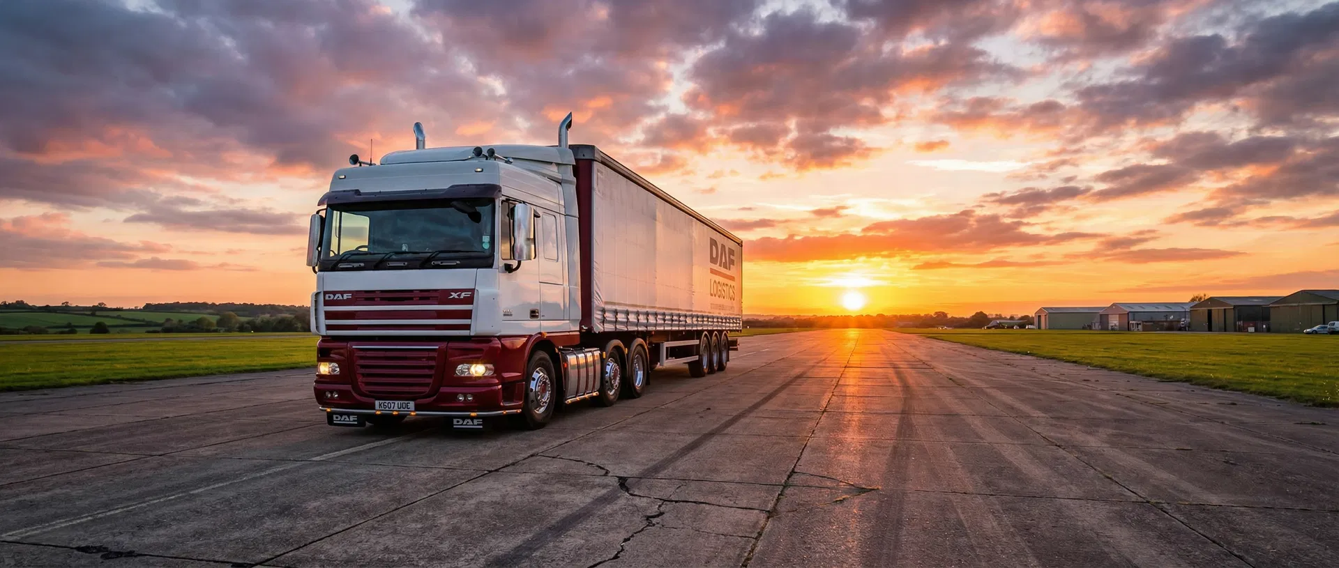 DAF 44-tonne truck on Dunsfold Aerodrome runway at sunset