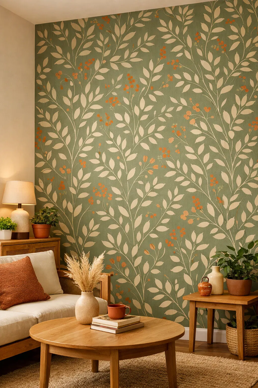 Botanical wallpaper installation in living room