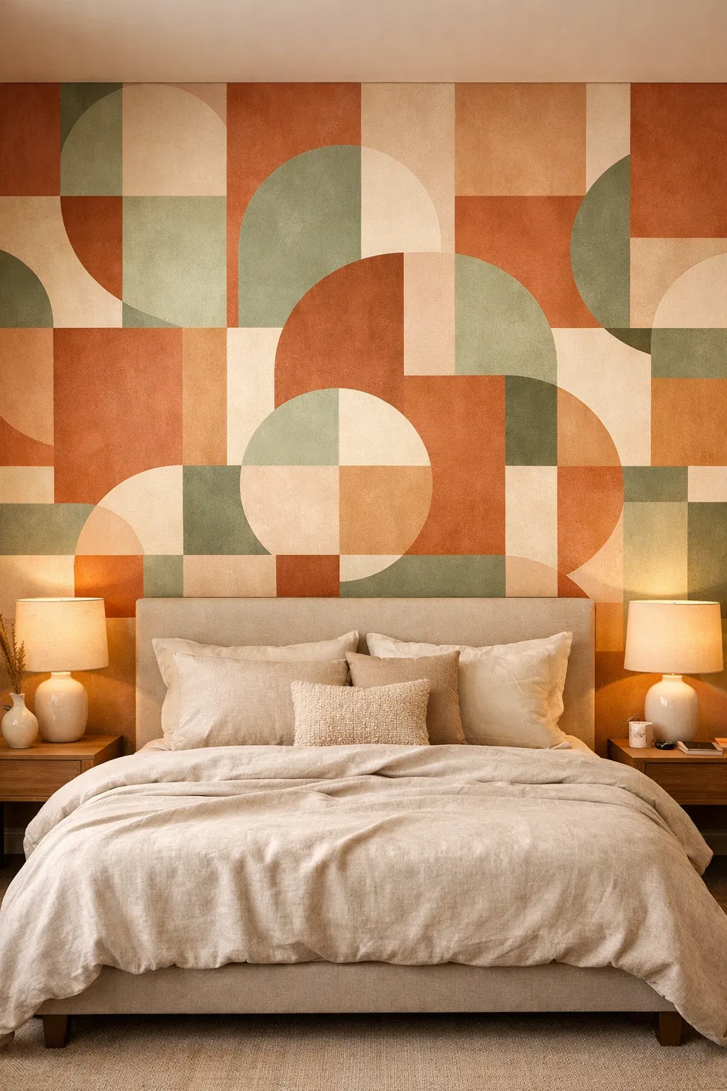 Geometric wallpaper in bedroom