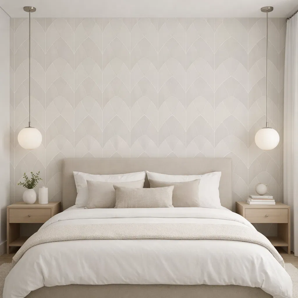 Modern bedroom with geometric wallpaper