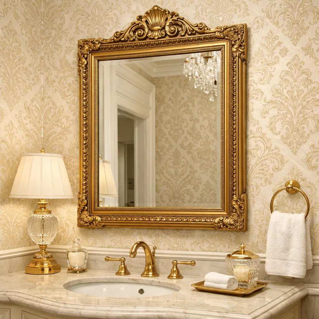 Luxury bathroom with damask wallpaper