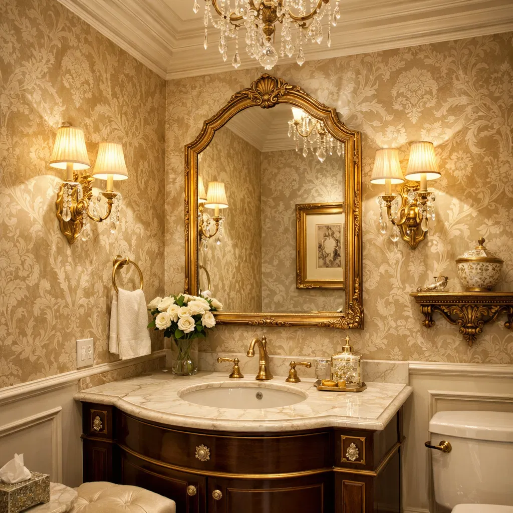 Ornate wallpaper in powder room