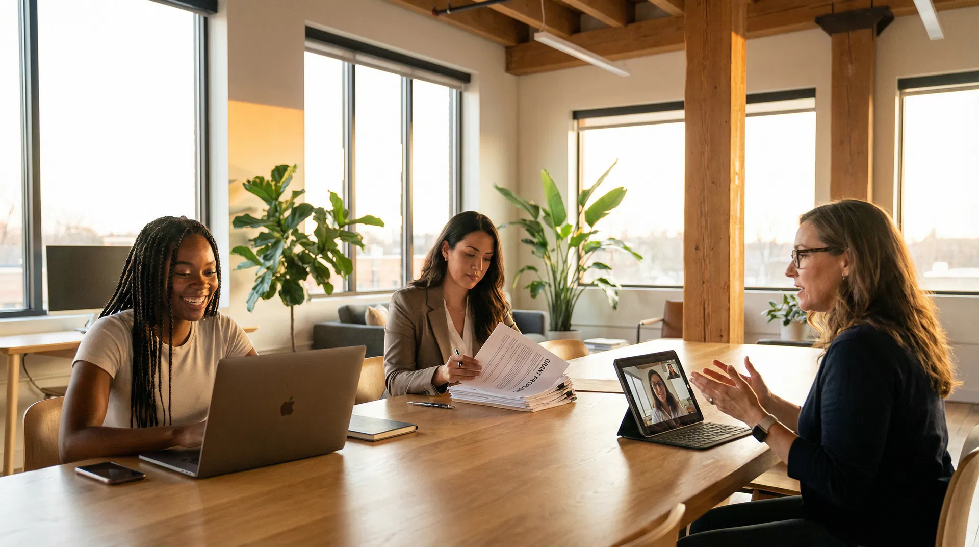 Diverse women working on grants