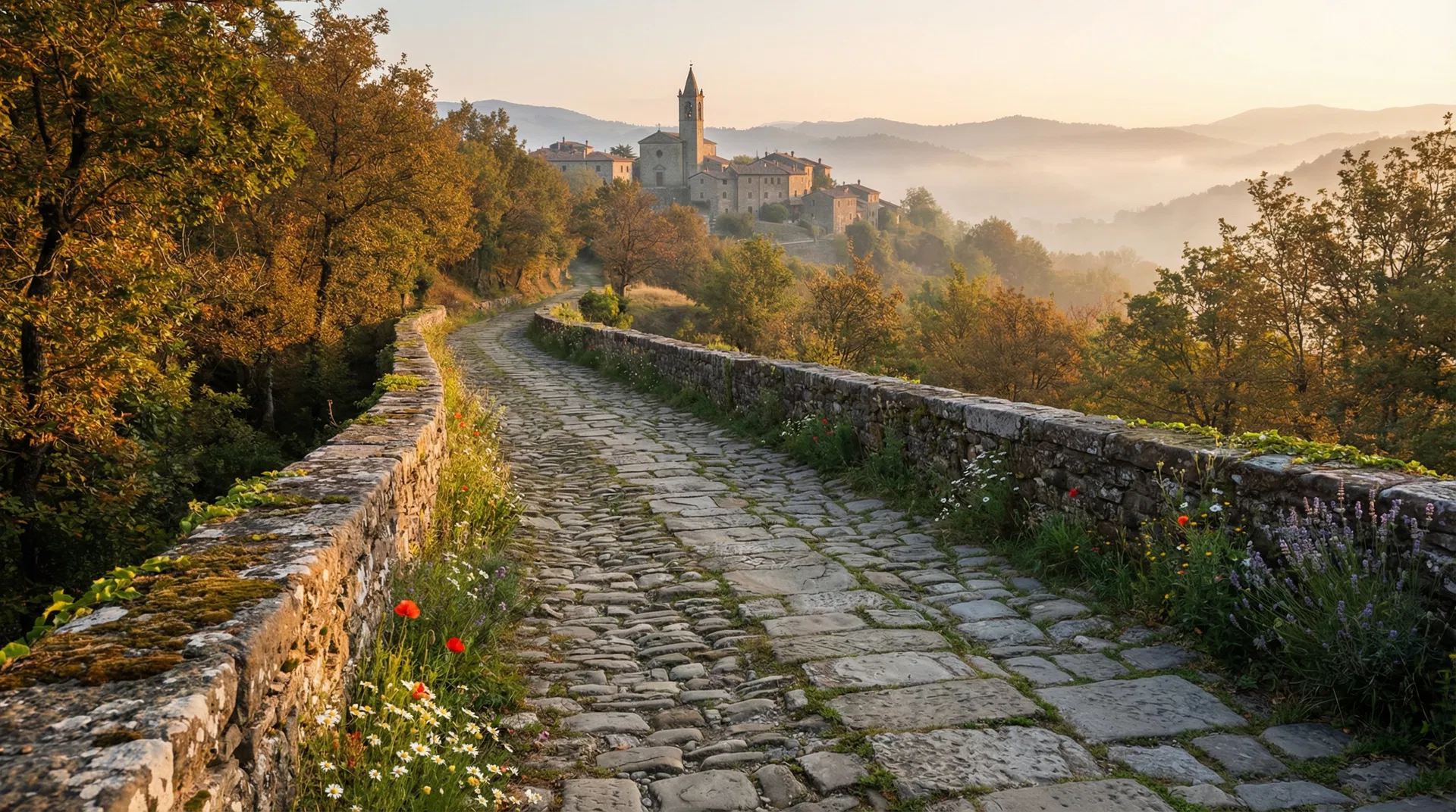 Ancient pilgrim path of the Via Francigena through the Apennine mountains