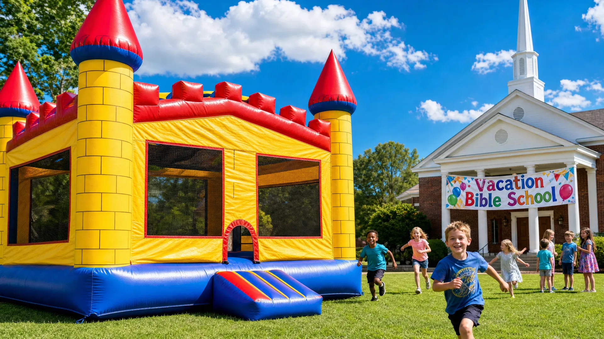Colorful bounce house castle at a Vacation Bible School event with children playing on church grounds in Georgia