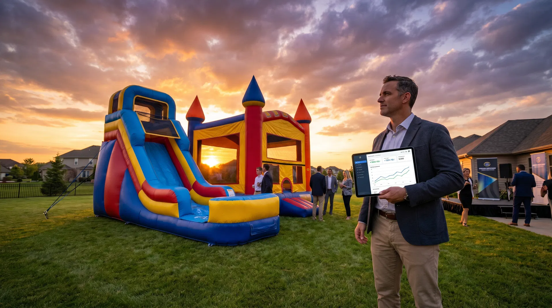 Bounce house business at sunset