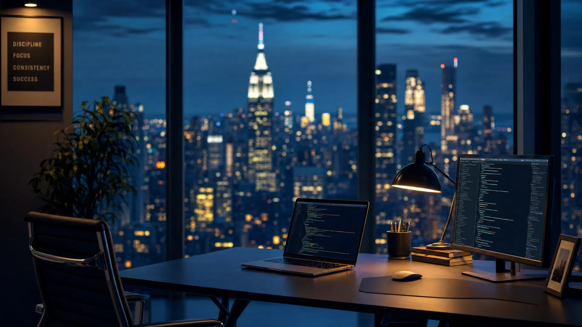 Modern office with NYC skyline view
