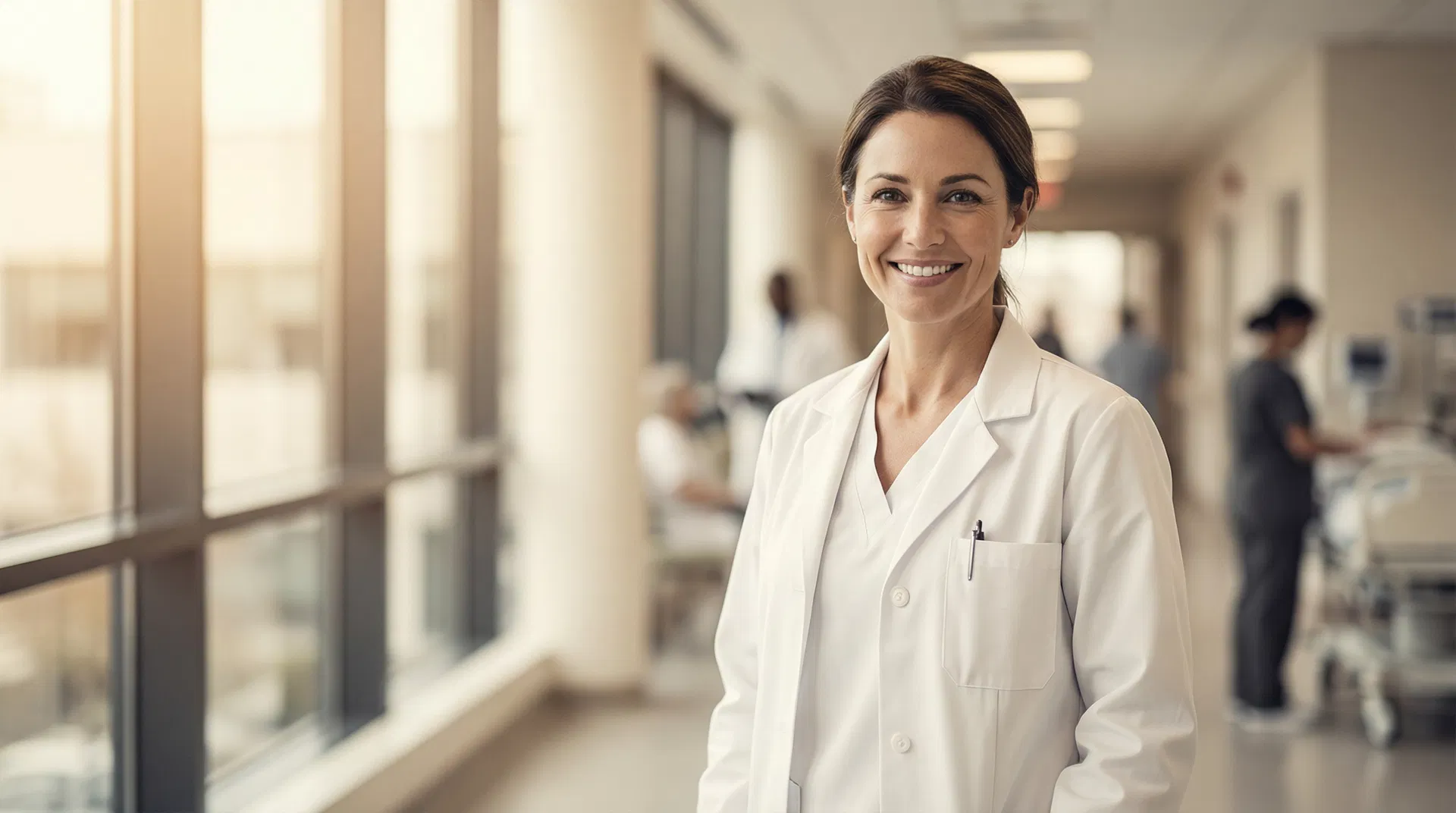 Healthcare professional in hospital corridor