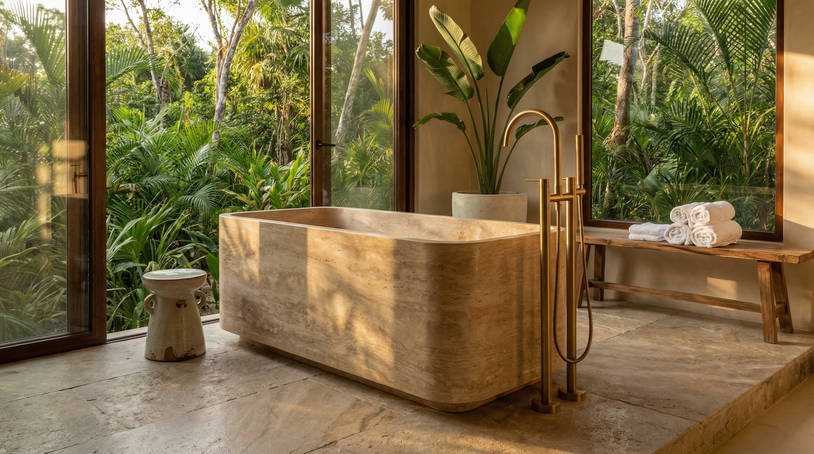 Luxury travertine stone bathtub in a stunning modern bathroom