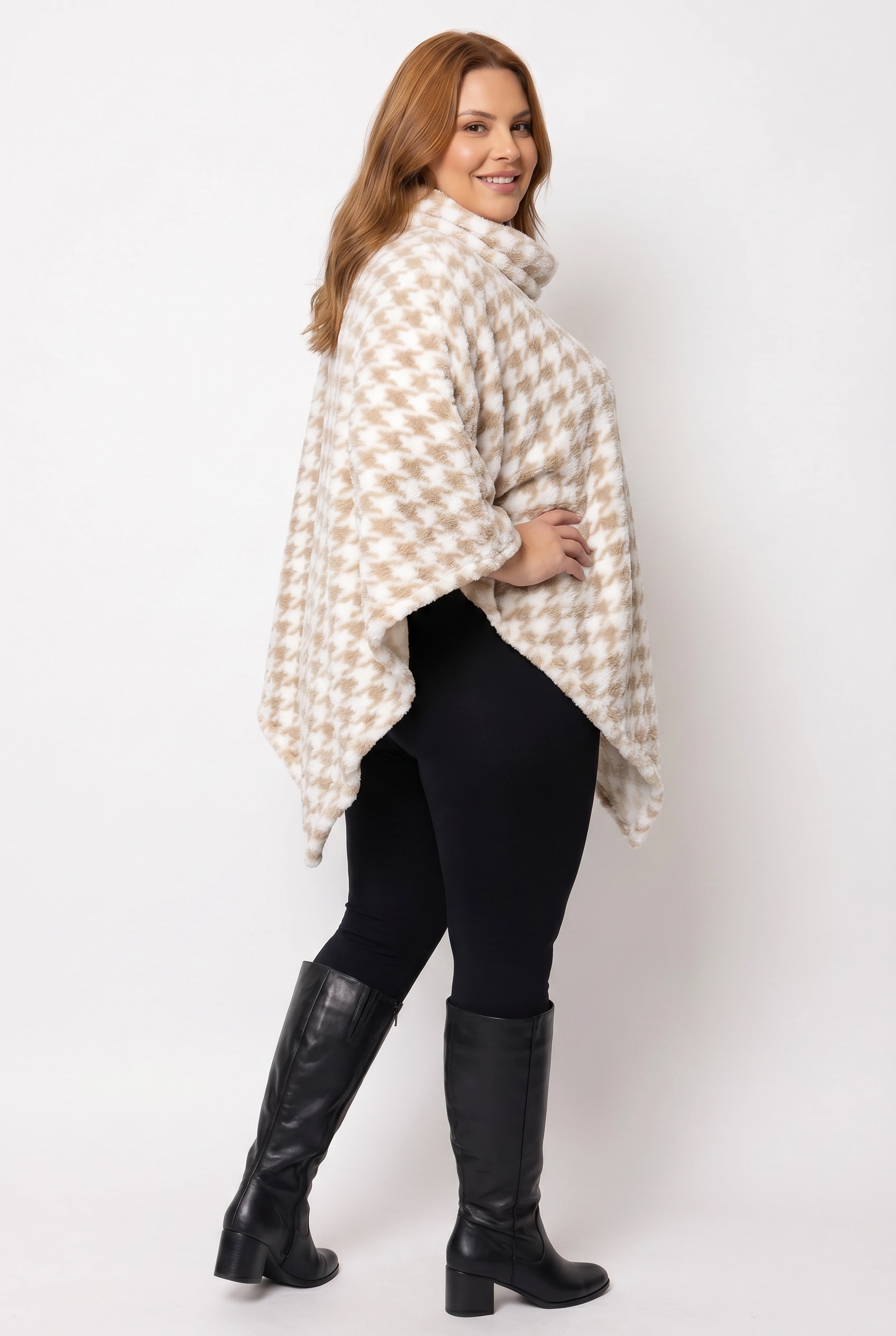 Poncho Feminino Fleece Xadrez Bege