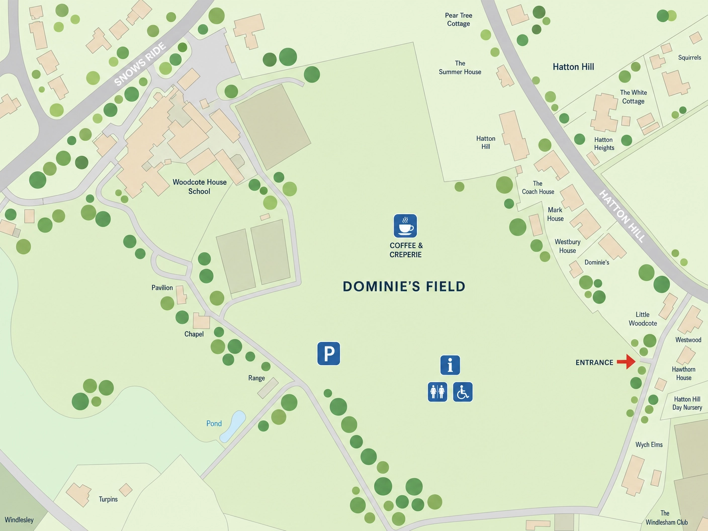 Illustrated map showing approach roads to Dominie's Field at Woodcote House, Windlesham. Enter via the track off Hatton Hill between two houses.