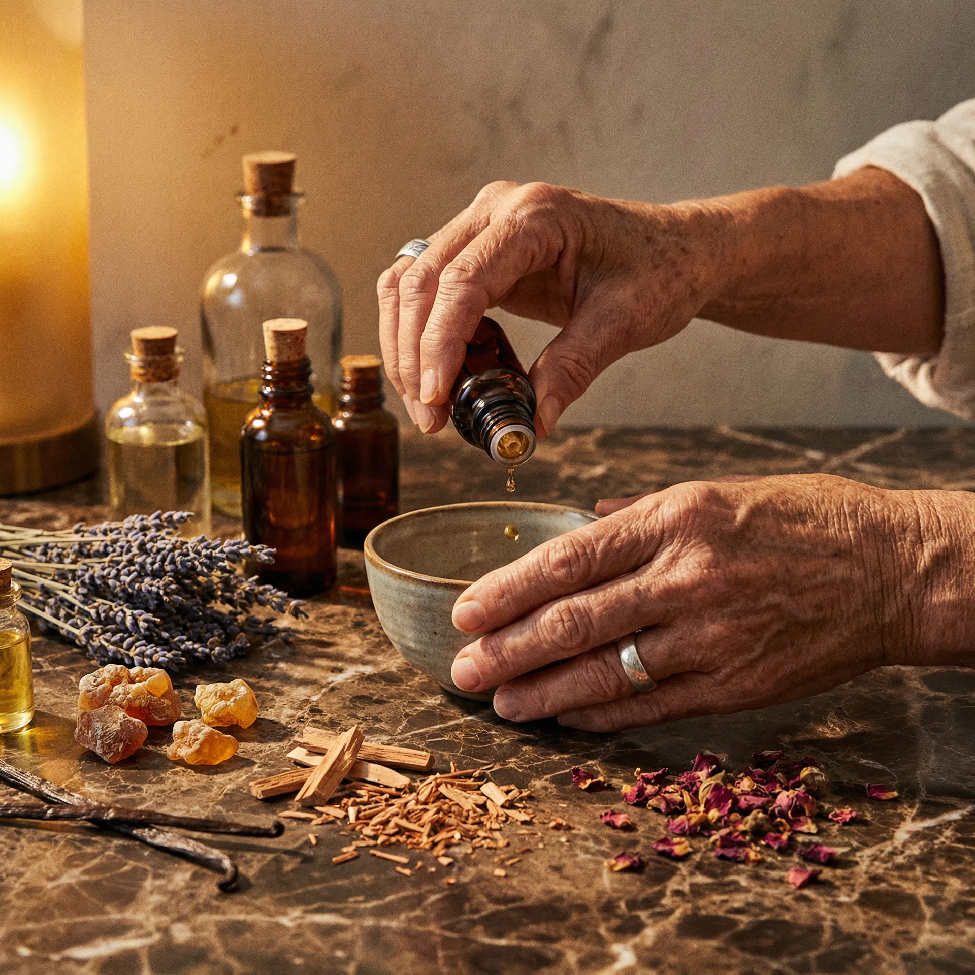 調香師がアトリエでエッセンシャルオイルを調合している様子