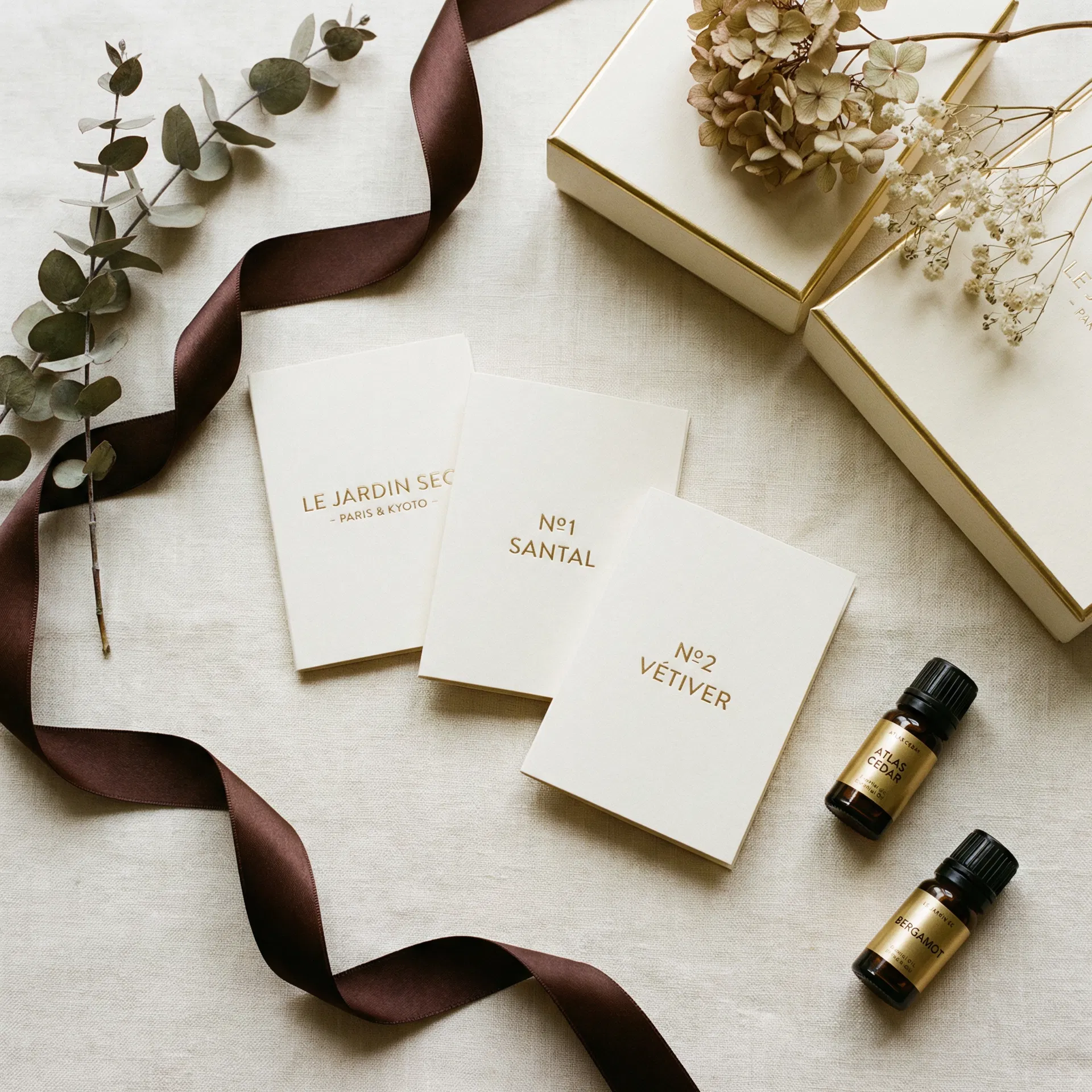 高級フレグランスカードとギフトボックスのフラットレイ